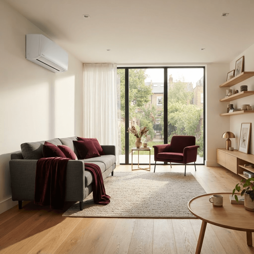 Modern living room with a professionally installed wall-mounted air conditioning unit