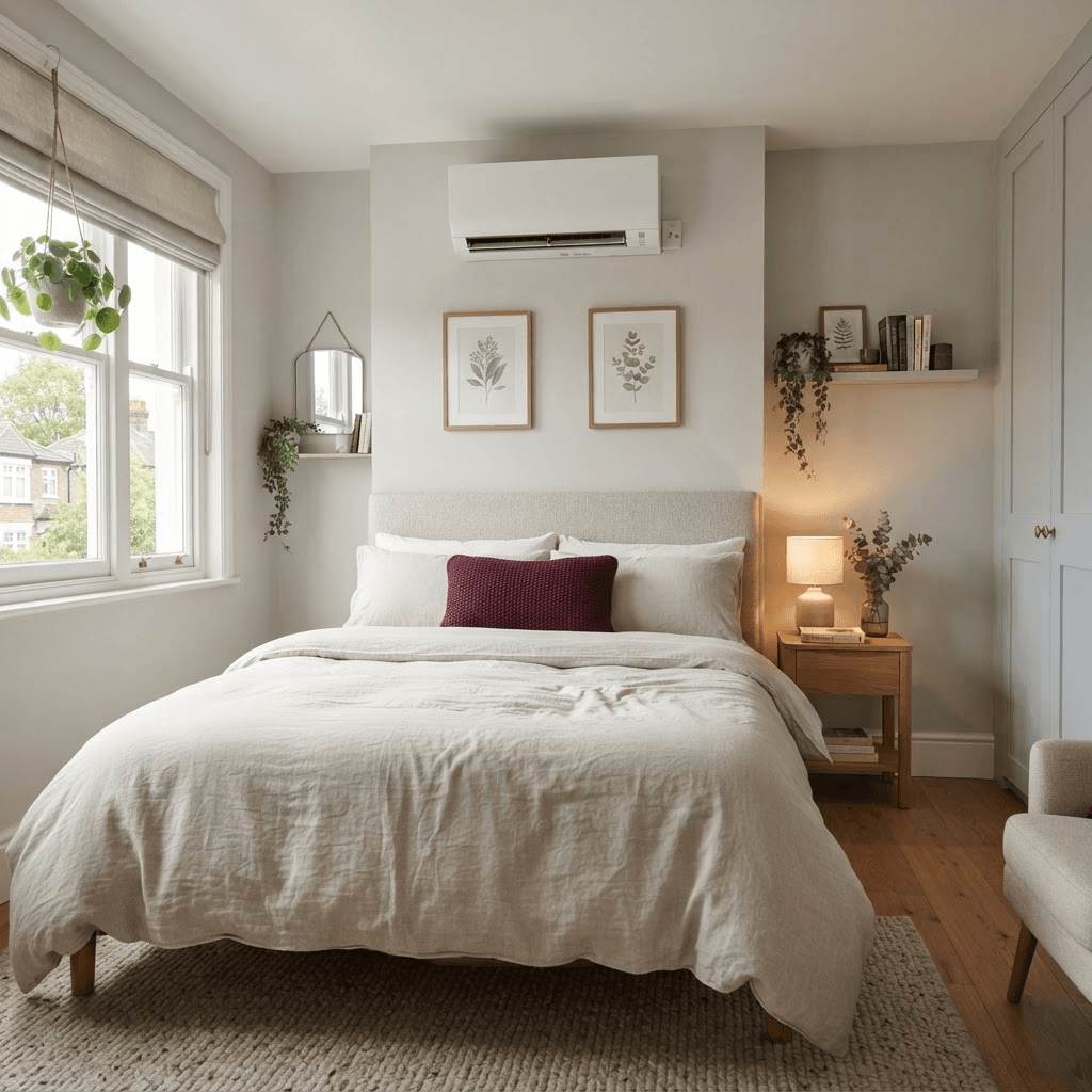 Air conditioning unit installed in a modern bedroom