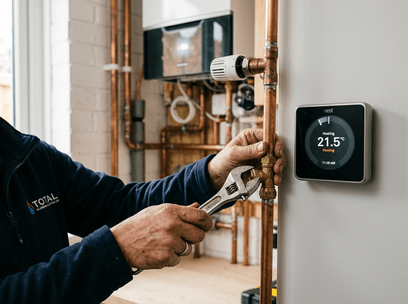 Engineer working on heating pipework and controls